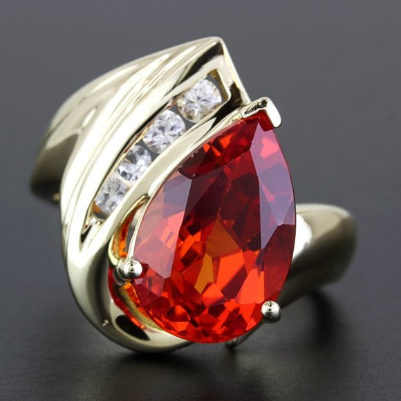 10k Yellow Gold Teardrop Orange & CZ Cubic Zirconia Gemstone Ring - Picture 7 of 9